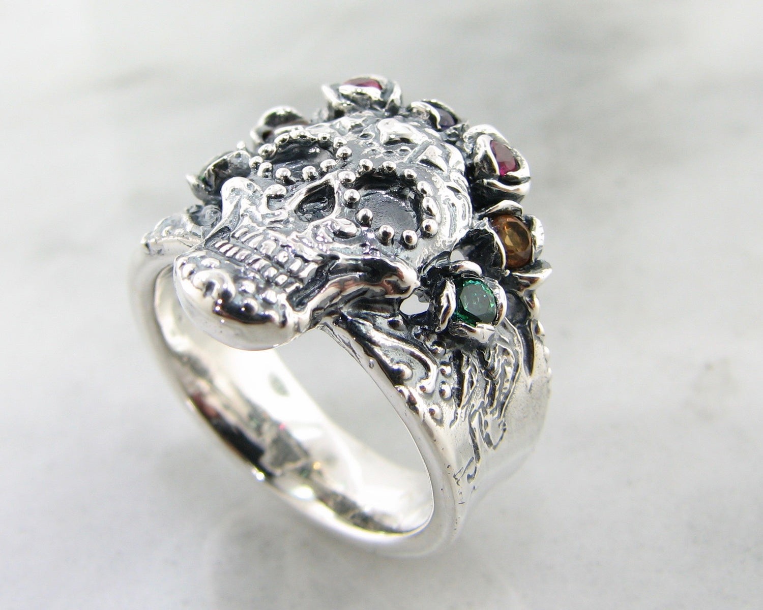 Silver Multi Gemstone Ring, Sugar Skull Calavera Crown