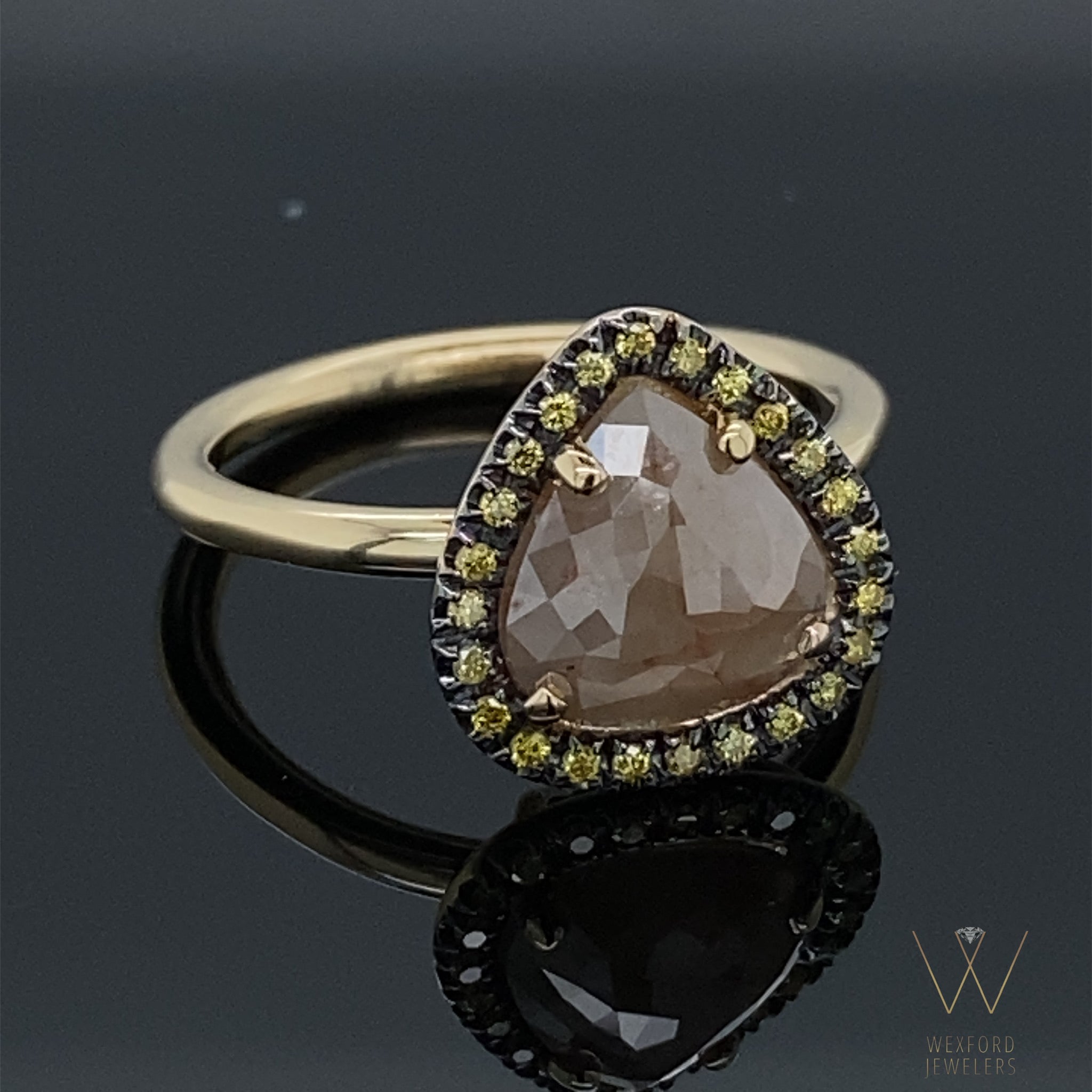 1.71ct Perfectly Imperfect Pear Rough Diamond Halo 14k Yellow Gold Engagement Ring