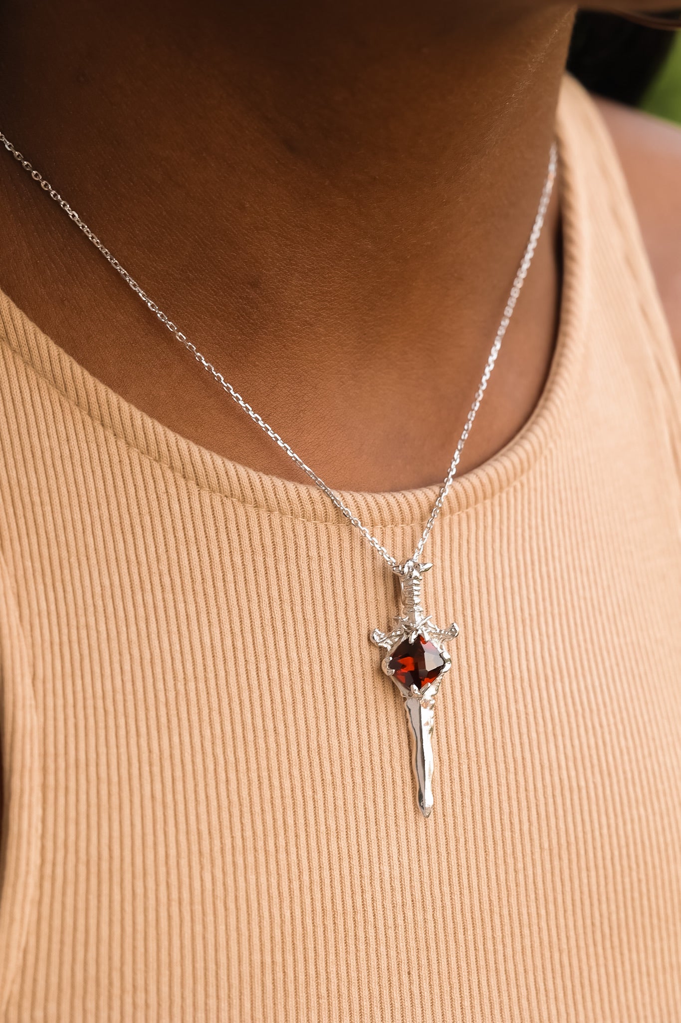 Sword Necklace in Silver and Garnet