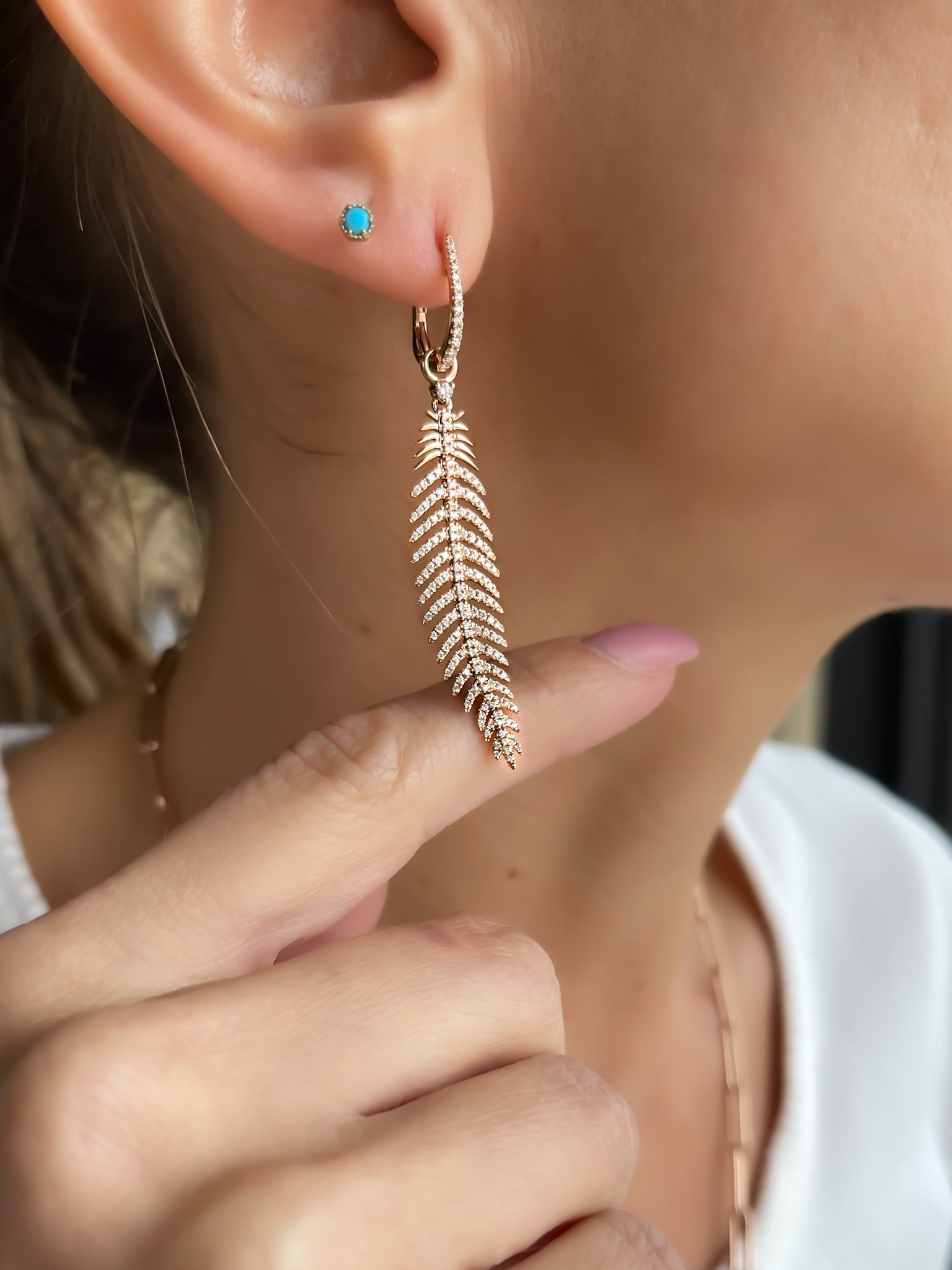 .63CT Dangling Diamond Feather Earrings 18k White Gold