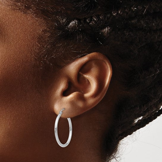 14K White Gold 25mm Polished 2mm Tube Hoop Earrings