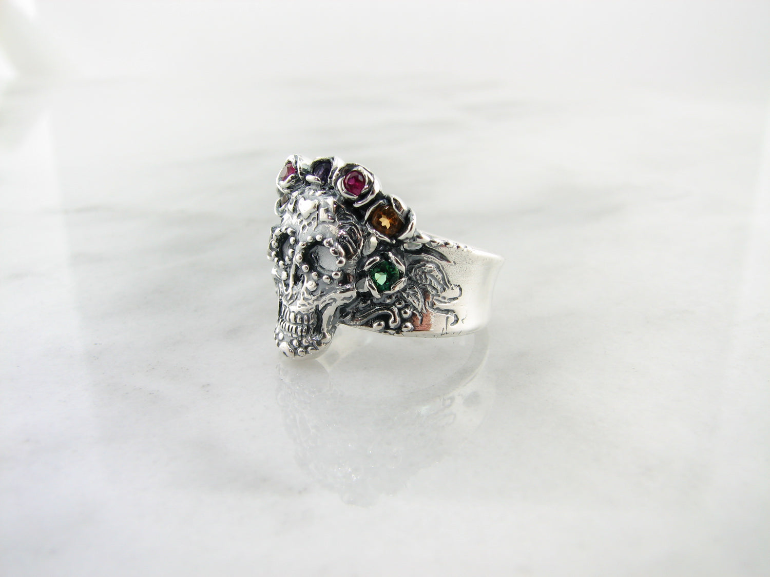 Silver Multi Gemstone Ring, Sugar Skull Calavera Crown