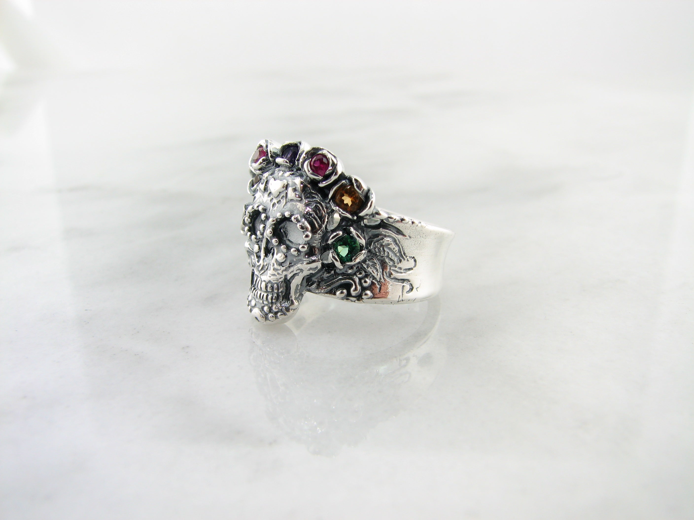 Silver Multi Gemstone Ring, Sugar Skull Calavera Crown