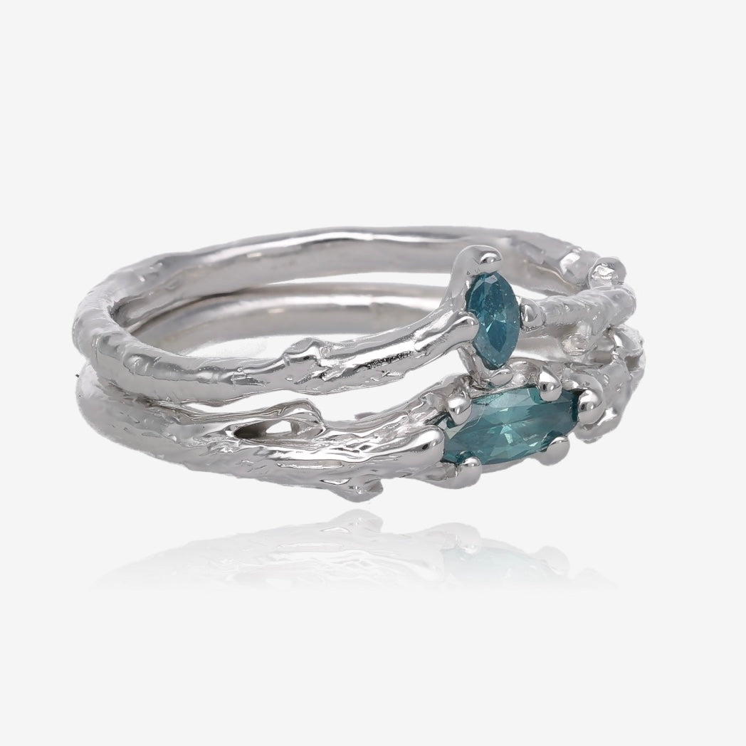 Blue Branches White Gold Wedding Set with Blue Marquise Diamonds