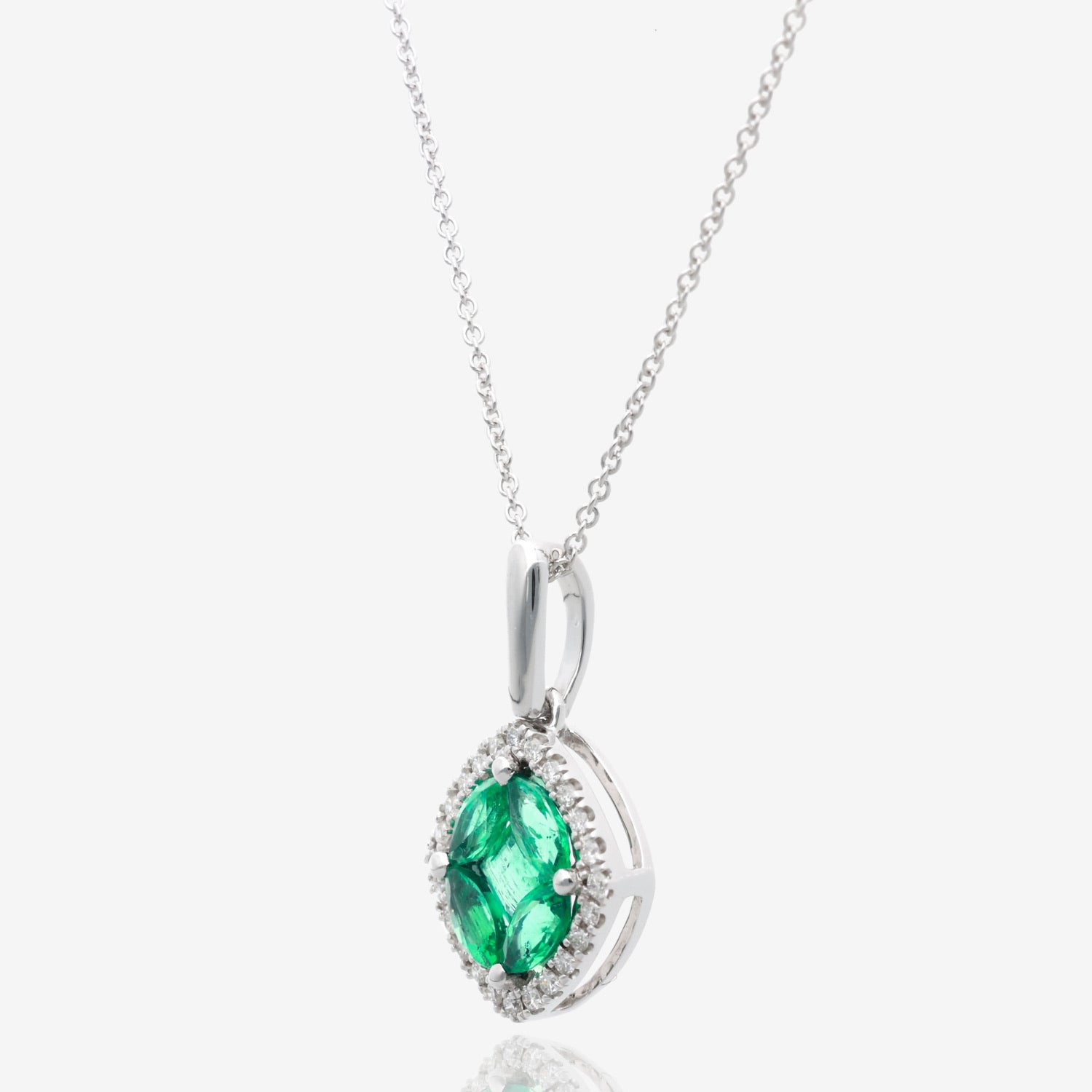 14K White Gold Radiant Clover Emerald and Diamond Pendant
