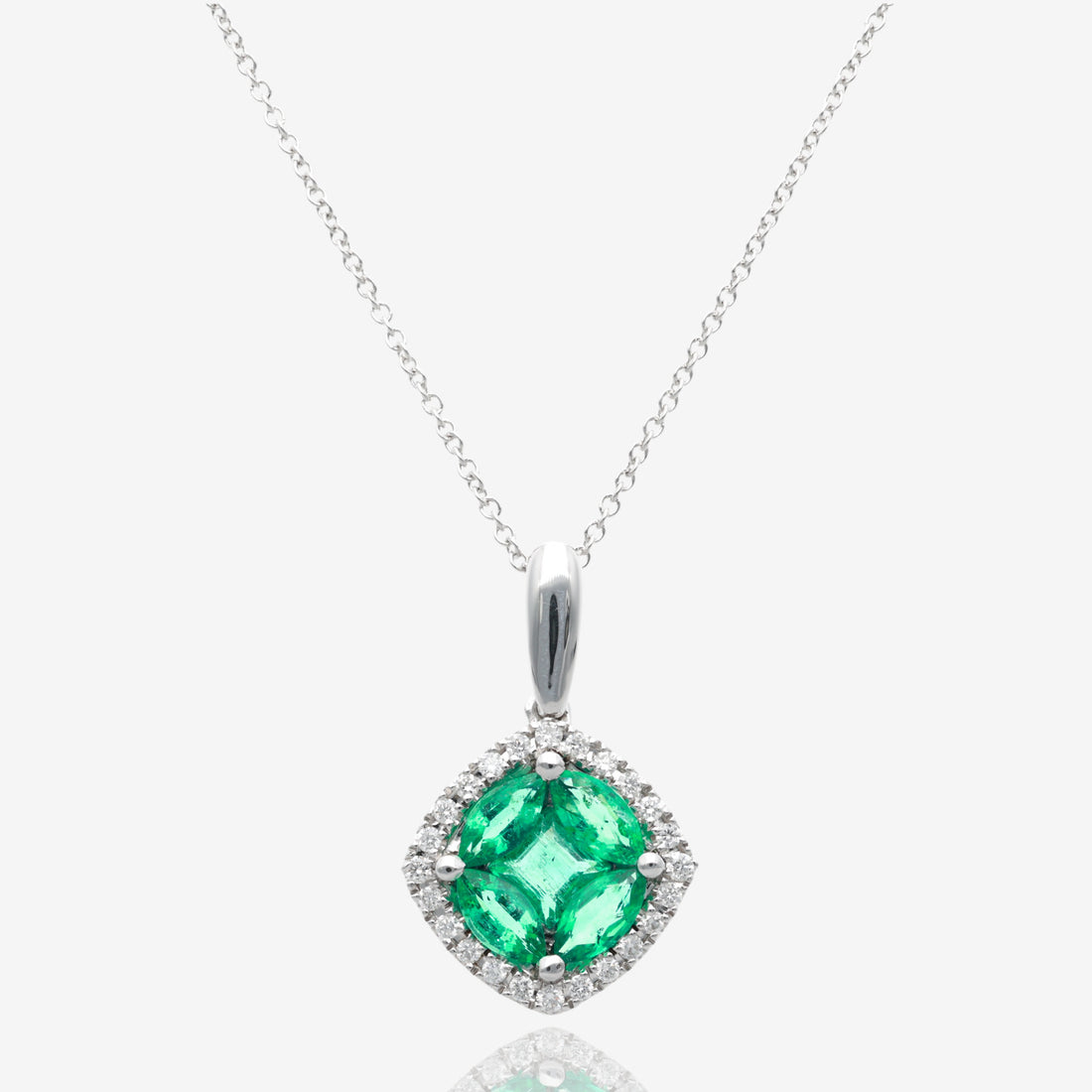 14K White Gold Radiant Clover Emerald and Diamond Pendant