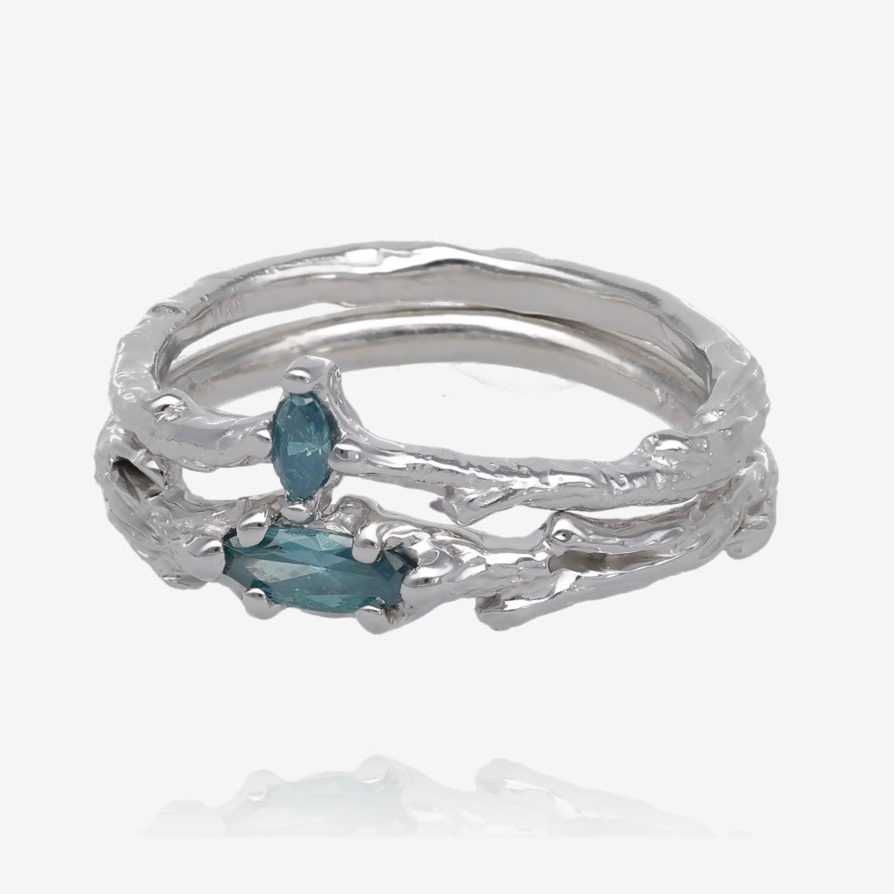 Blue Branches White Gold Wedding Set with Blue Marquise Diamonds