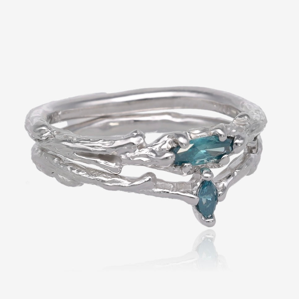 Blue Branches White Gold Wedding Set with Blue Marquise Diamonds