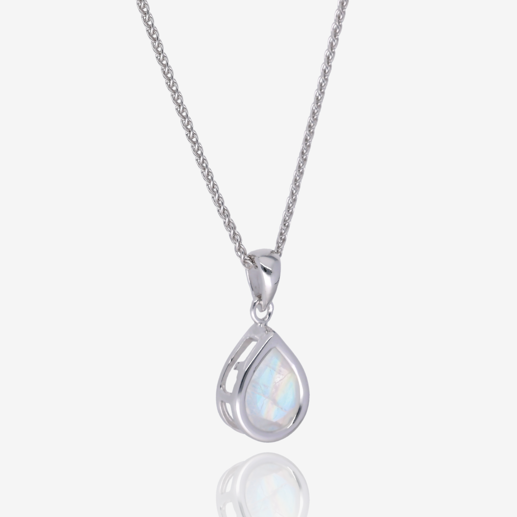 Pear Shaped Rainbow Moonstone Bezel Pendant in Sterling Silver