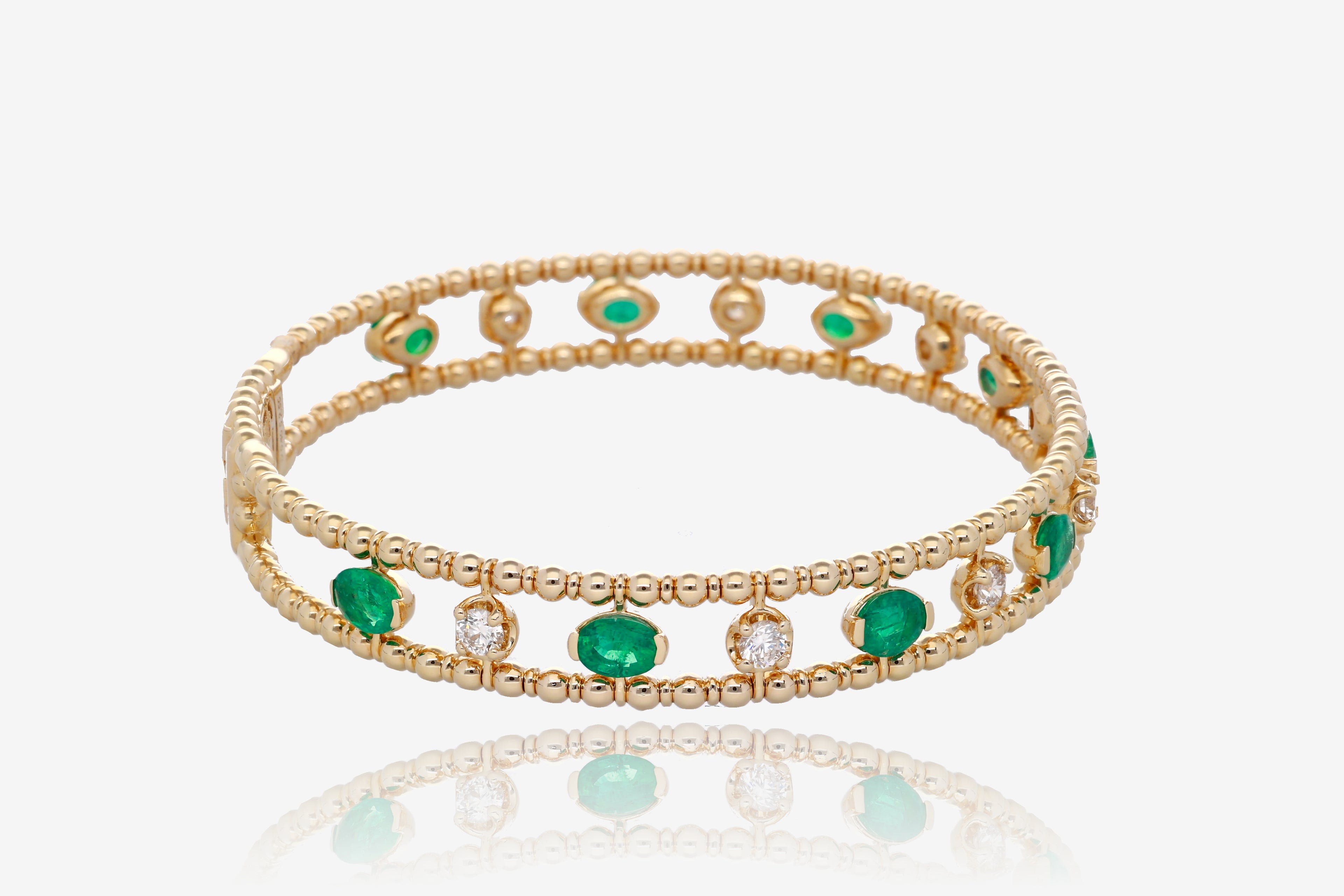 Emerald and Diamond Beaded Flex Bangle in 14K Yellow Gold
