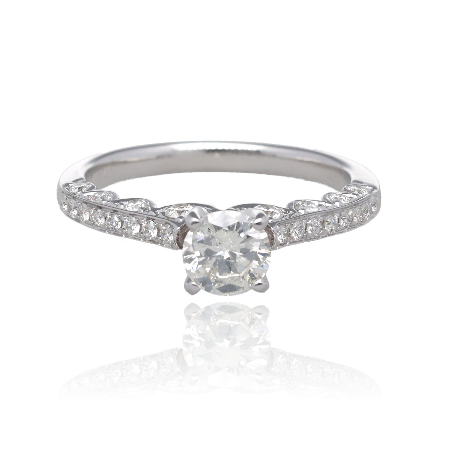 Timeless Grace 14K White Gold Natural Diamond Engagement Ring with Scalloped Gallery and Round Diamond