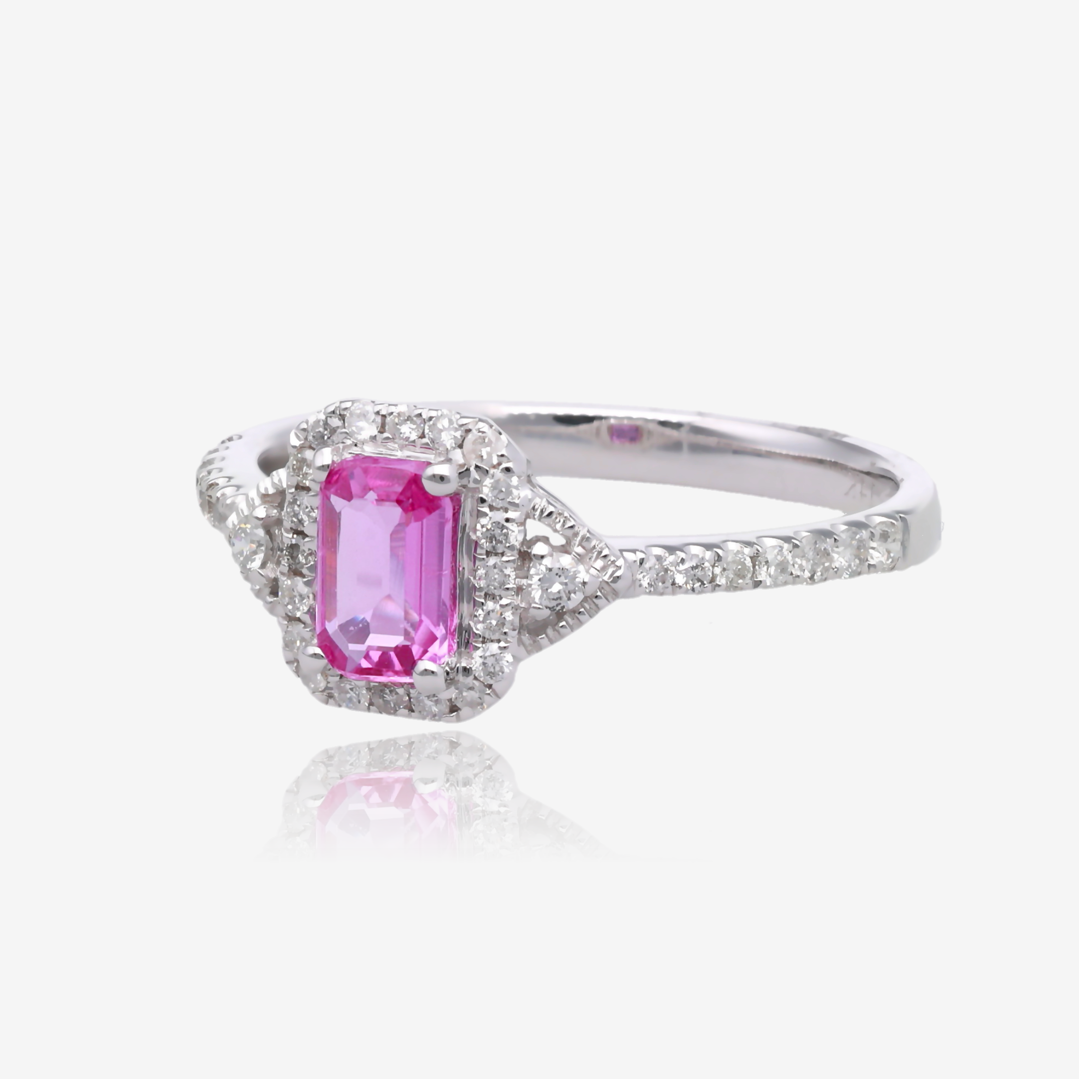 Radiant Cut Pink Sapphire and Diamond Halo Ring in 14K White Gold