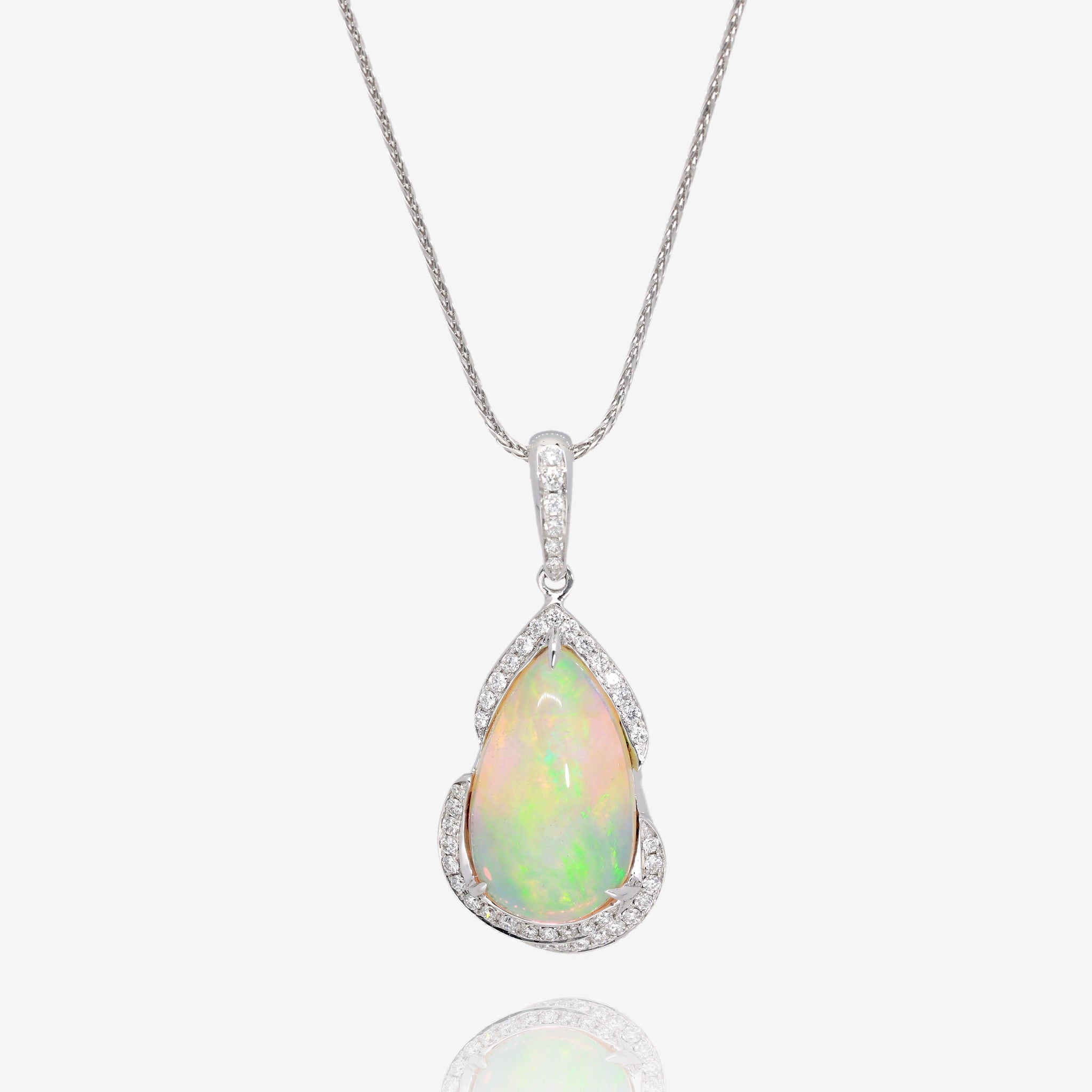 Moonlit Fire: 14K White Gold Opal and Diamond Pendant
