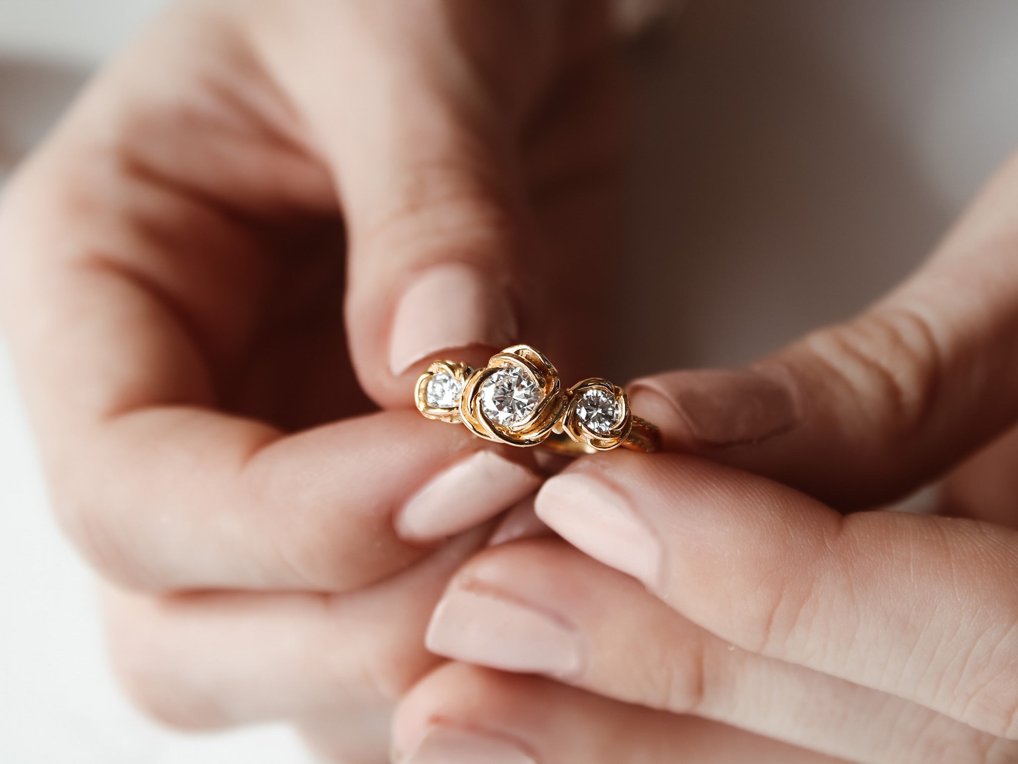 Prized Rose Trio Three Diamond Ring Yellow Gold