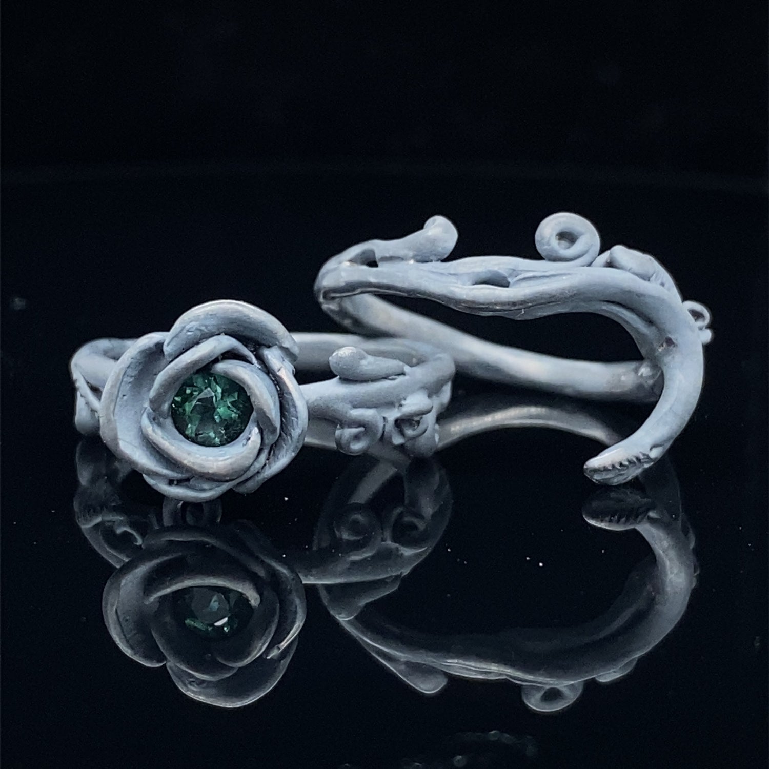 Rose Garland Wedding Set, Blackened Silver and Deep Green Tourmaline