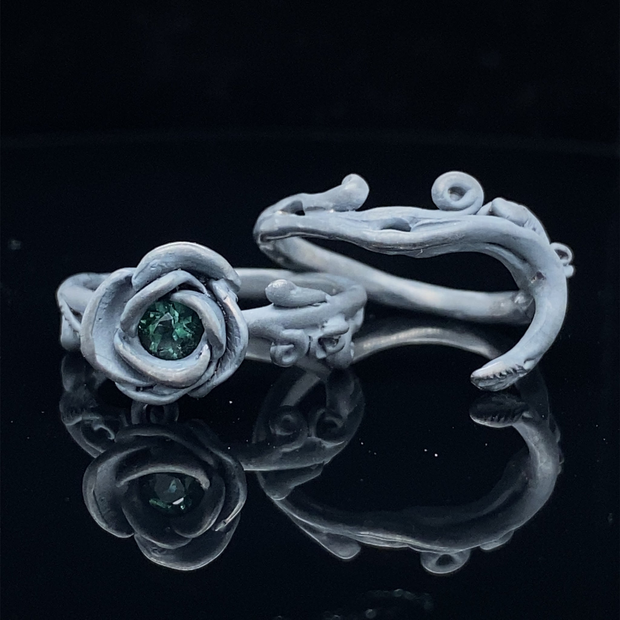 Rose Garland Wedding Set, Blackened Silver and Deep Green Tourmaline