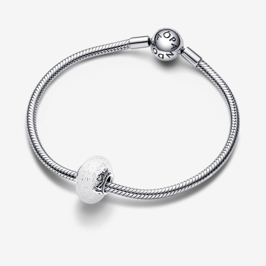 Glittery White Murano Glass Mom & Love Silver Charm