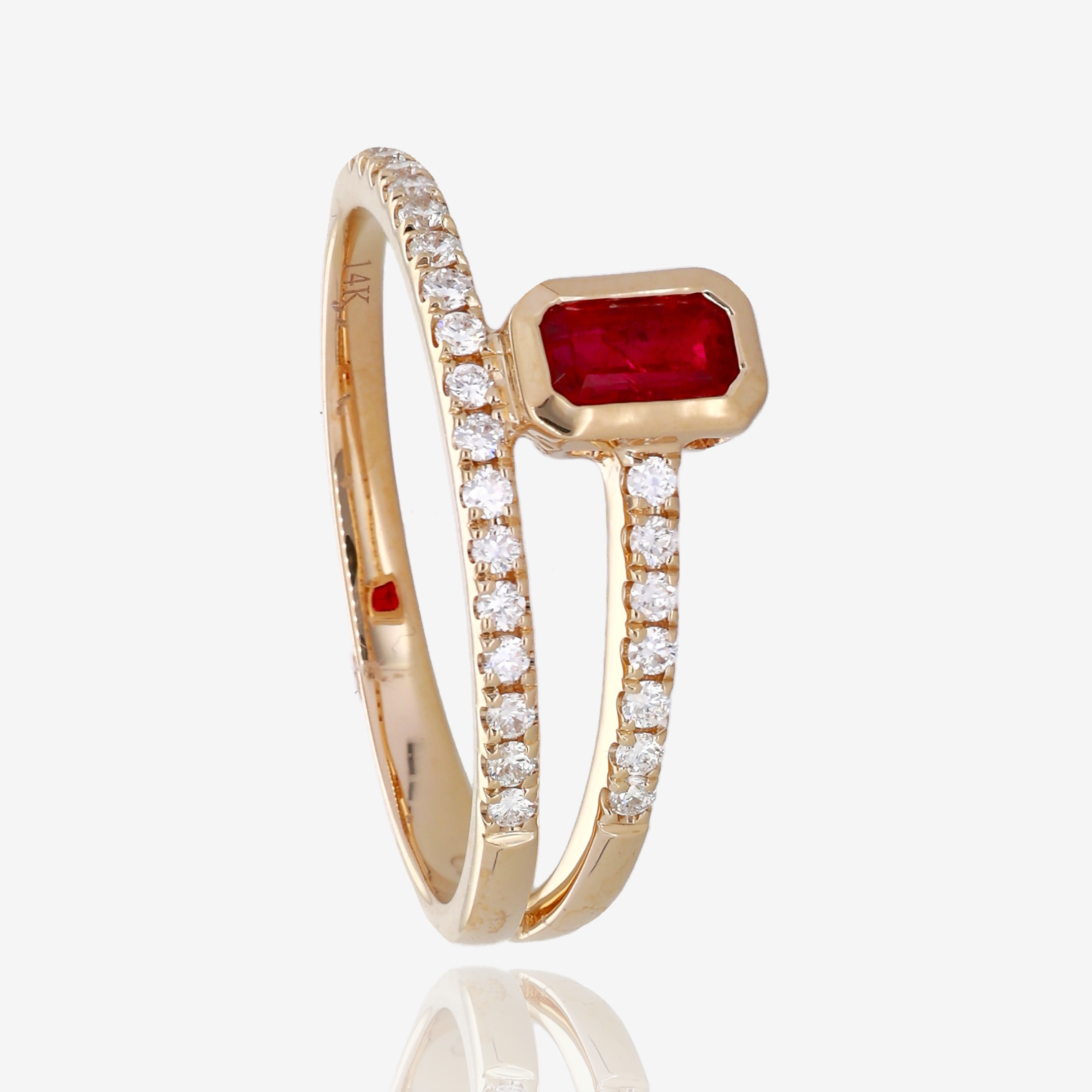 Emerald Cut Ruby and Diamond Bypass Ring in 14K Yellow Gold