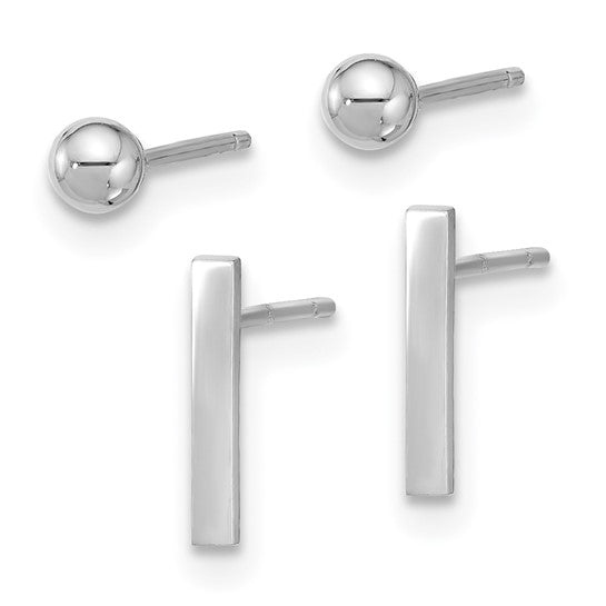 14K White Polished 3mm Ball and Bar Earring Set