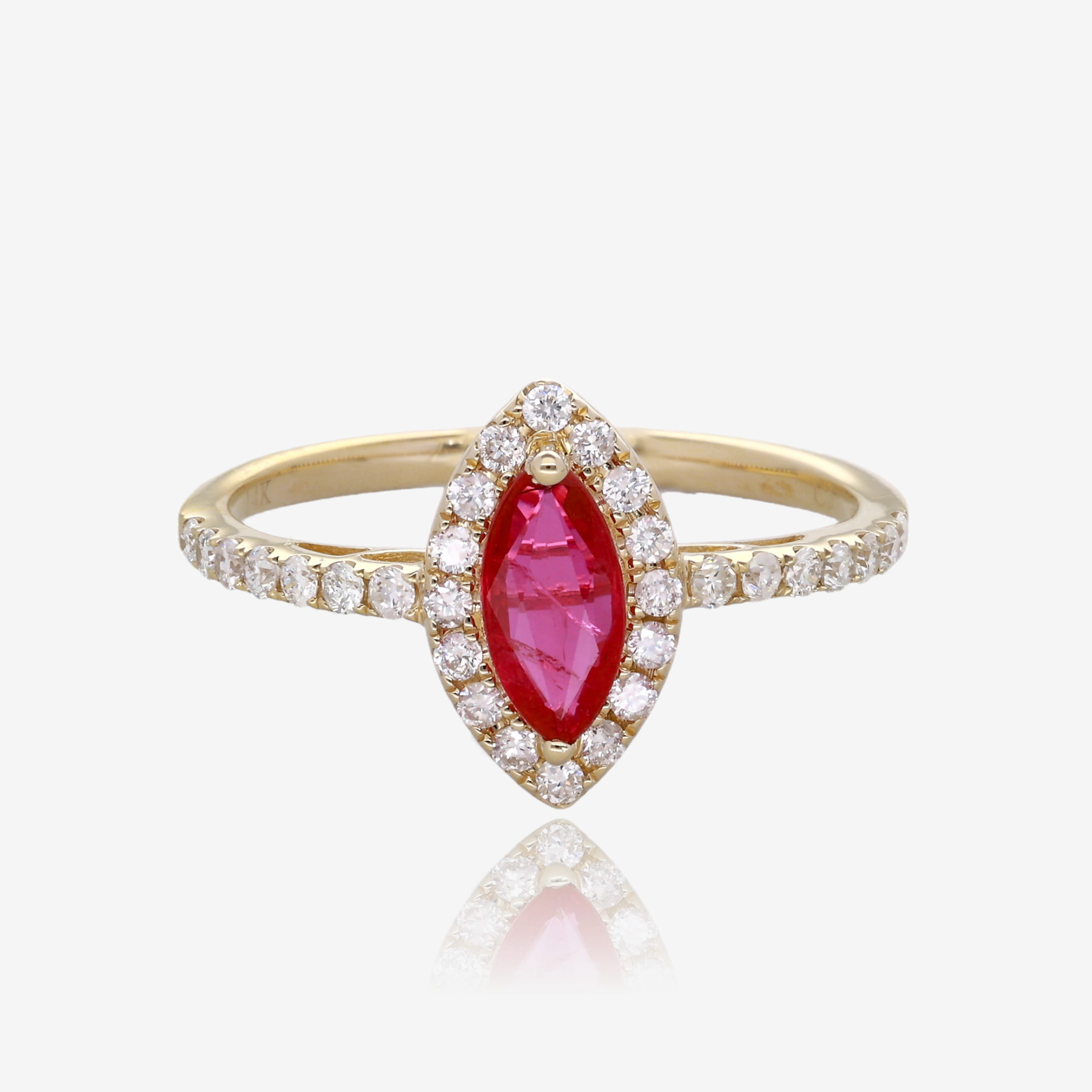Marquise Ruby and Diamond Halo Ring in 14K Yellow Gold