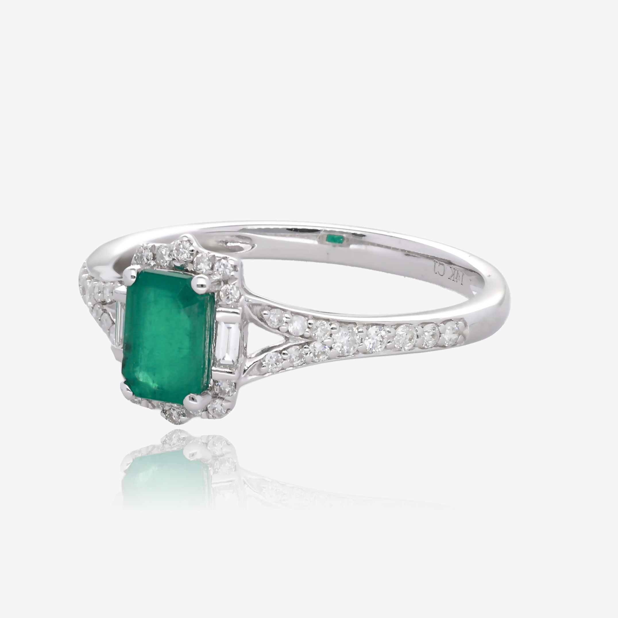 Emerald Cut Emerald and Diamond Split Shank Ring in 14K White Gold