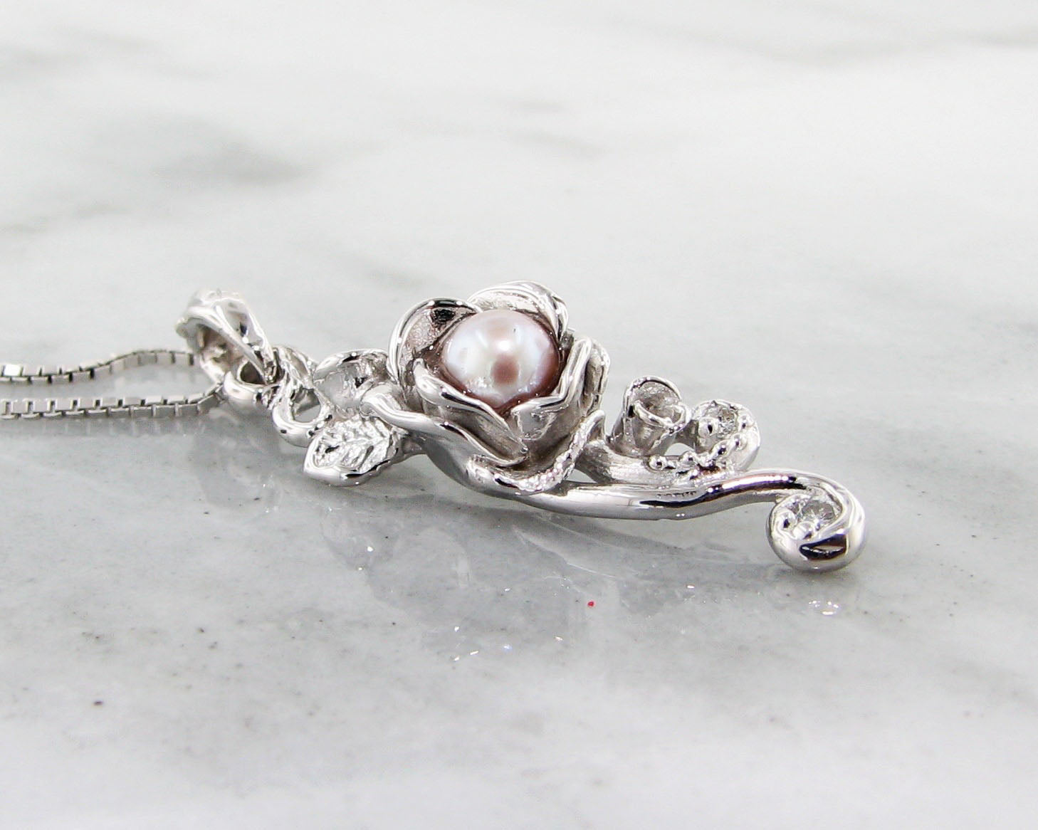 Pink Pearl Silver Pendant, Rose Cascade