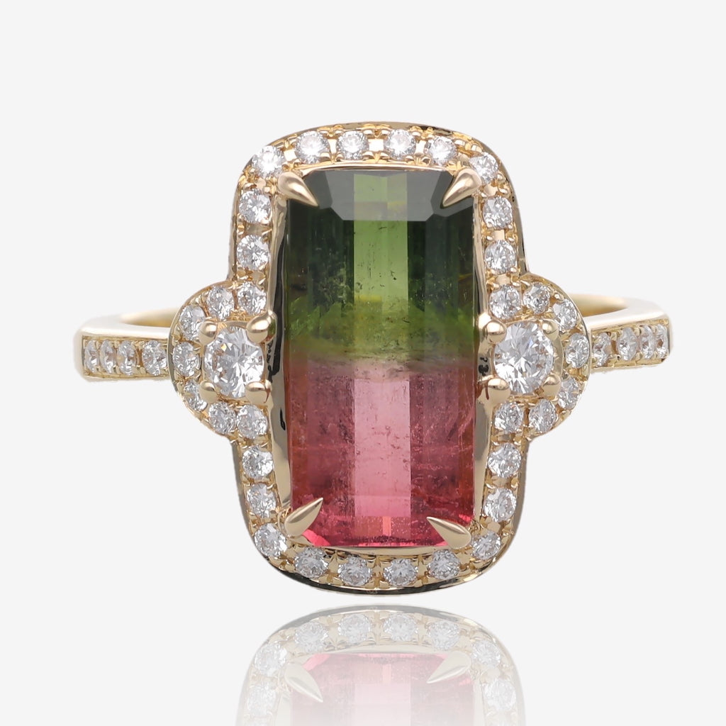 Handcrafted Emerald Cut Watermelon Tourmaline Ring in Yellow Gold with Diamond Accents | A One-of-a-Kind Beauty