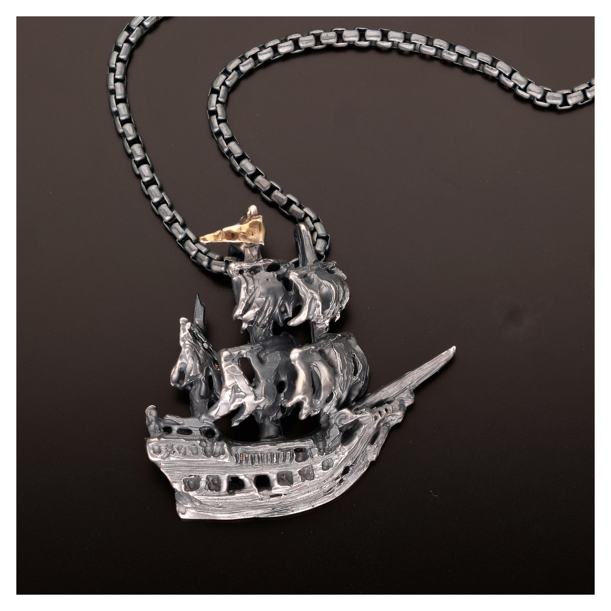 Ghost Pirate Ship Necklace in Antiqued Silver