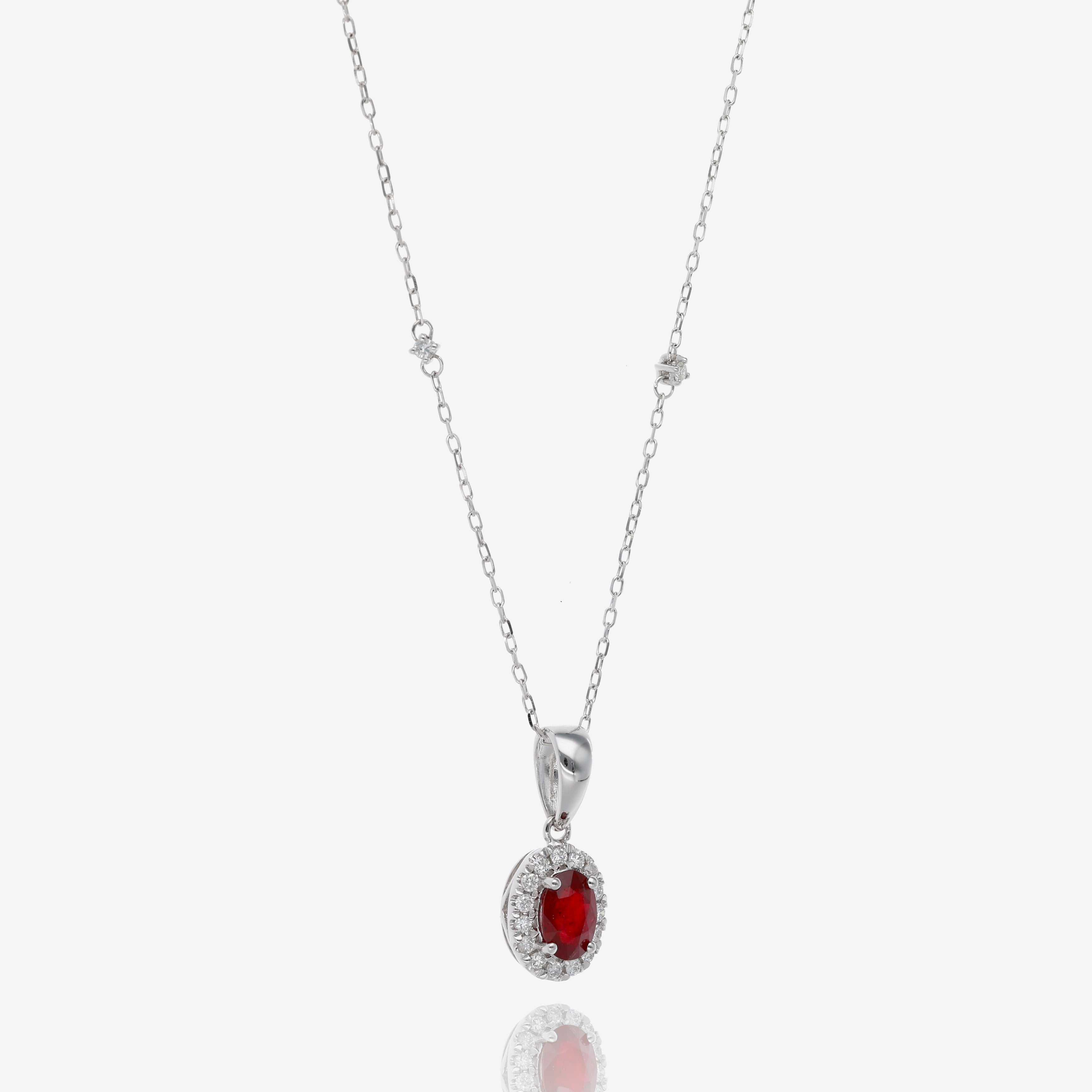 Ruby and Diamond Halo Pendant in 14K White Gold