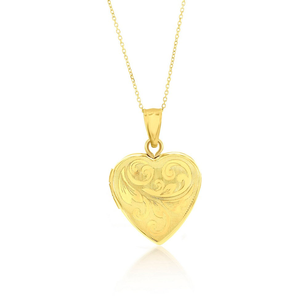 Wave Scroll Design 16MM Heart Locket Necklace 14K Yellow Gold