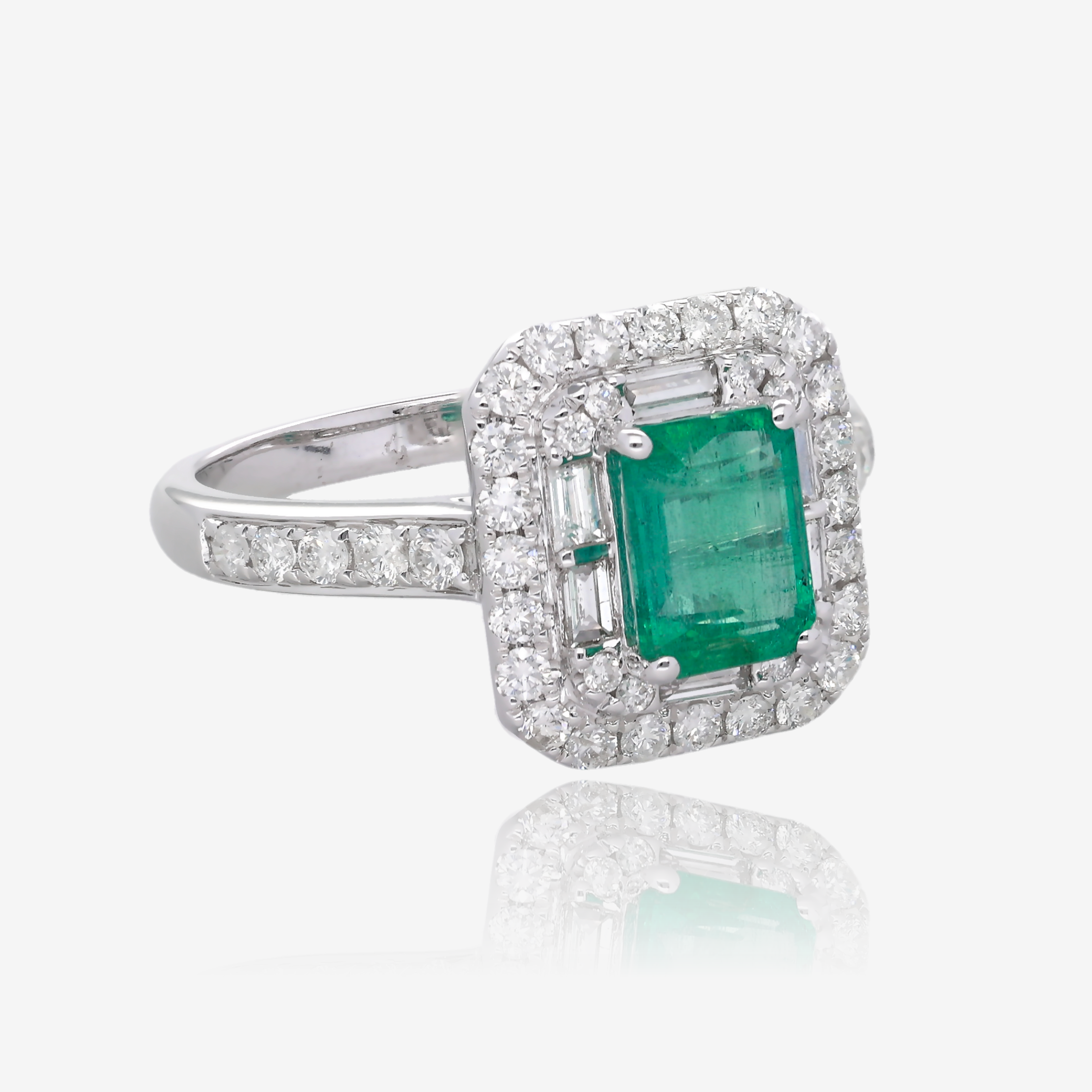 Emerald Cut Emerald and Double Halo Diamond Ring in 14K White Gold