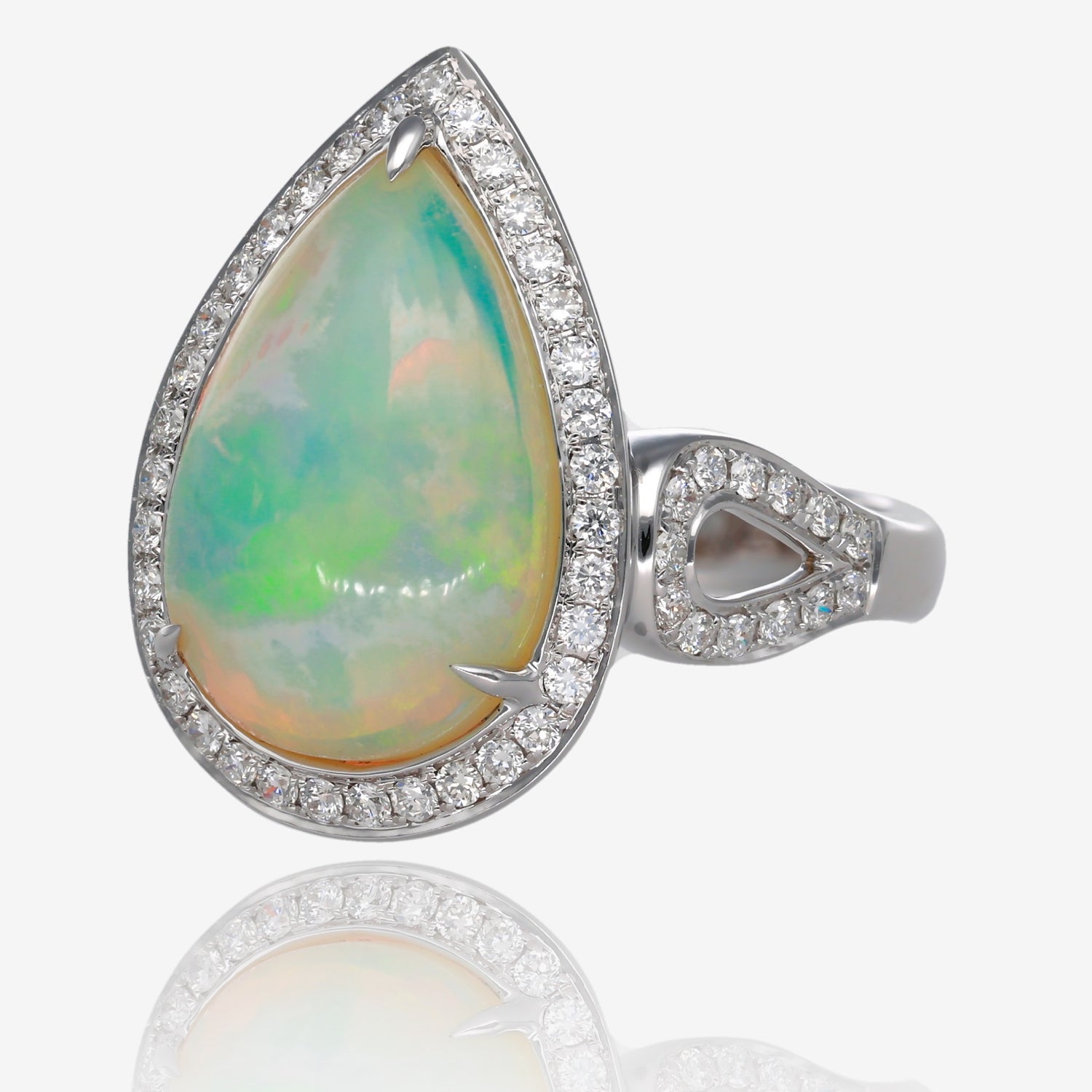 Celestial Glow Ethiopian Opal and Diamond Teardrop Ring in White Gold