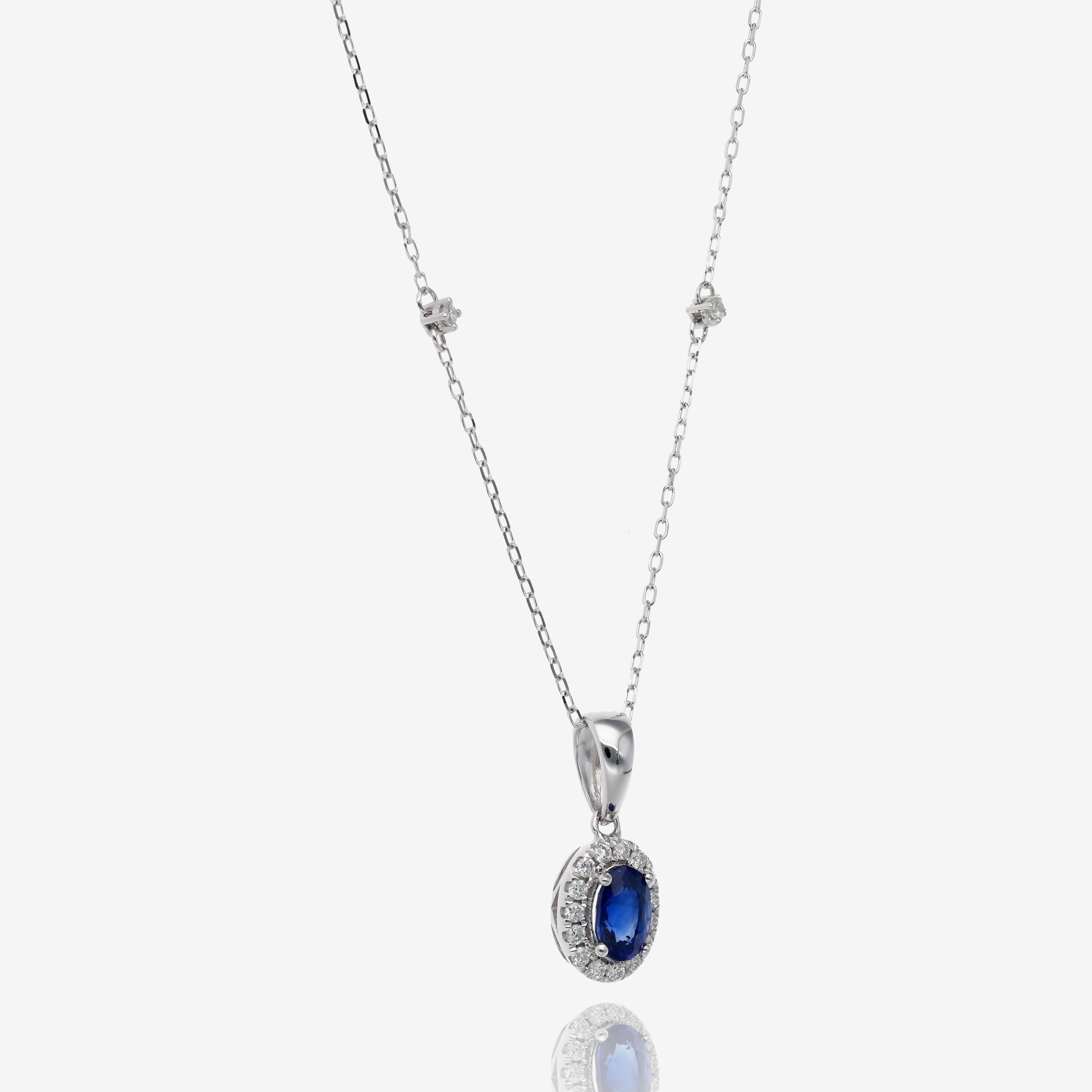 Natural Sapphire and Diamond Halo Pendant in 14K White Gold