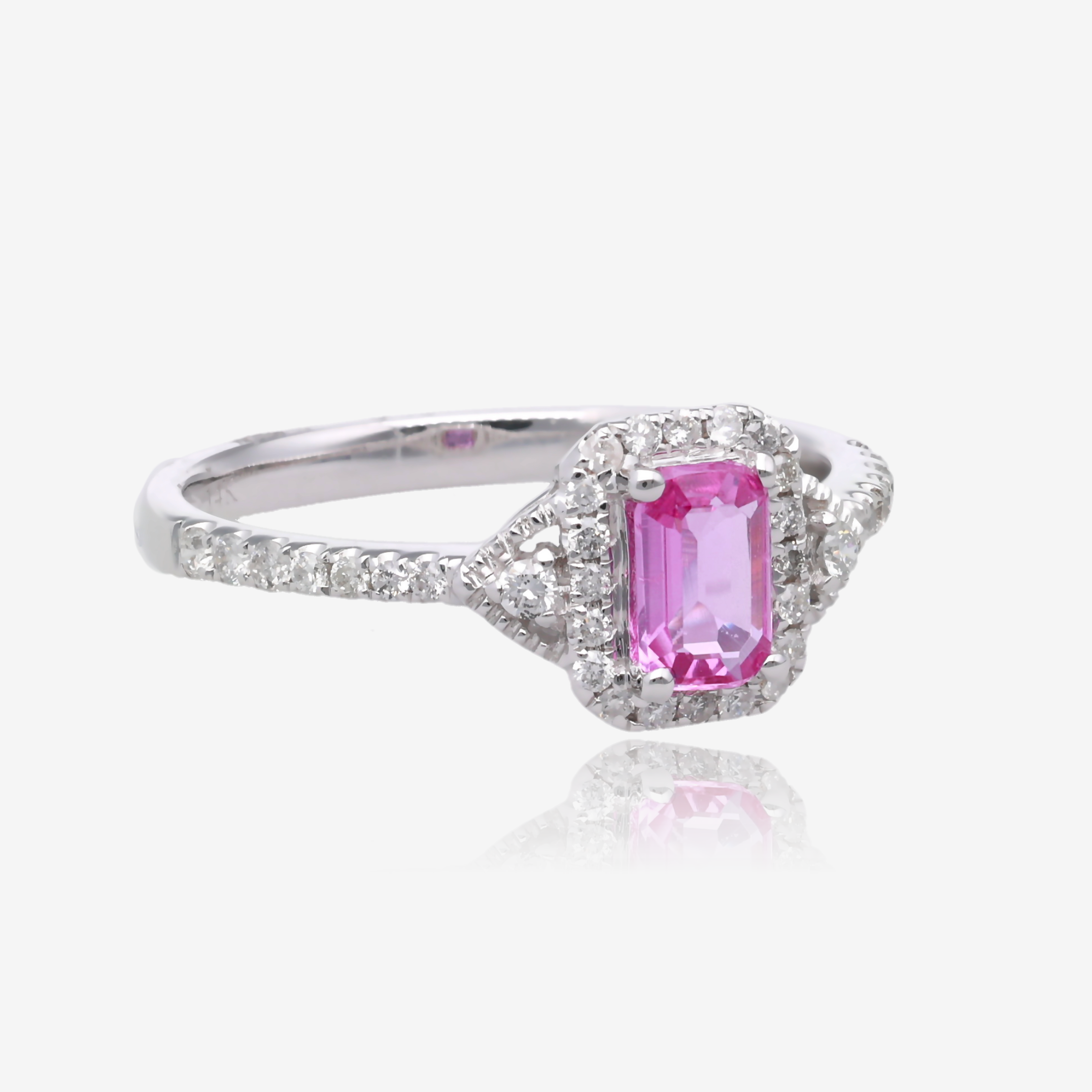 Radiant Cut Pink Sapphire and Diamond Halo Ring in 14K White Gold
