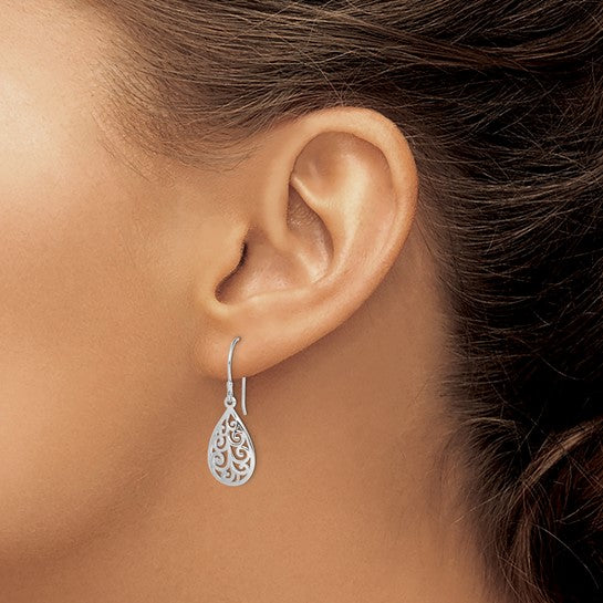 Sterling Silver Rhodium-plated Polished Filigree Teardrop Dangle Earrings