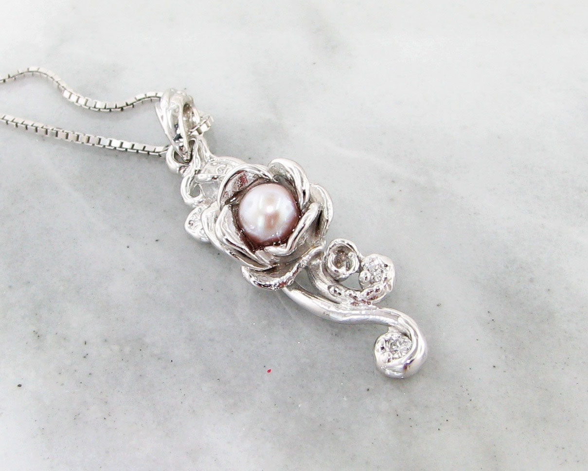 Pink Pearl Silver Pendant, Rose Cascade