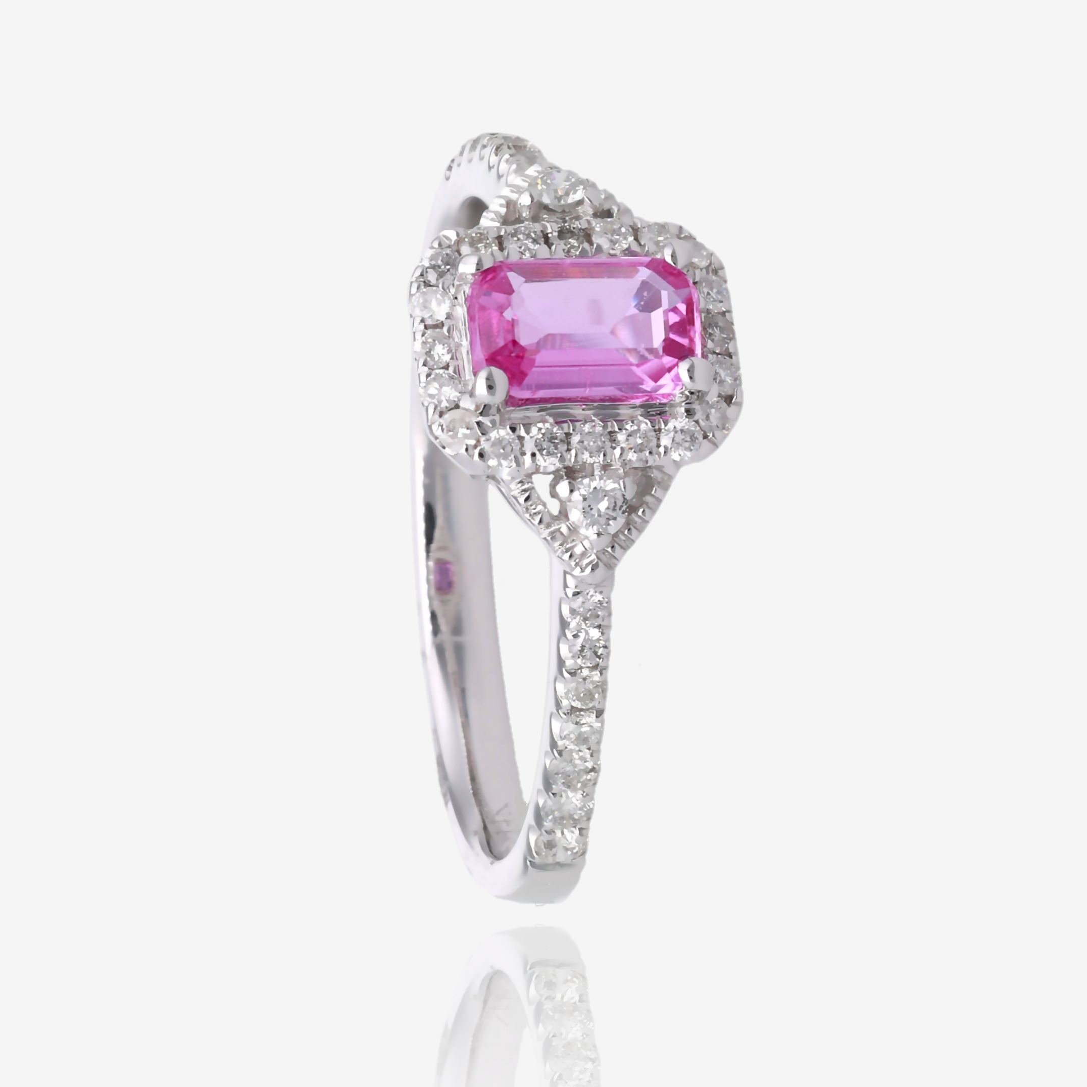 Radiant Cut Pink Sapphire and Diamond Halo Ring in 14K White Gold