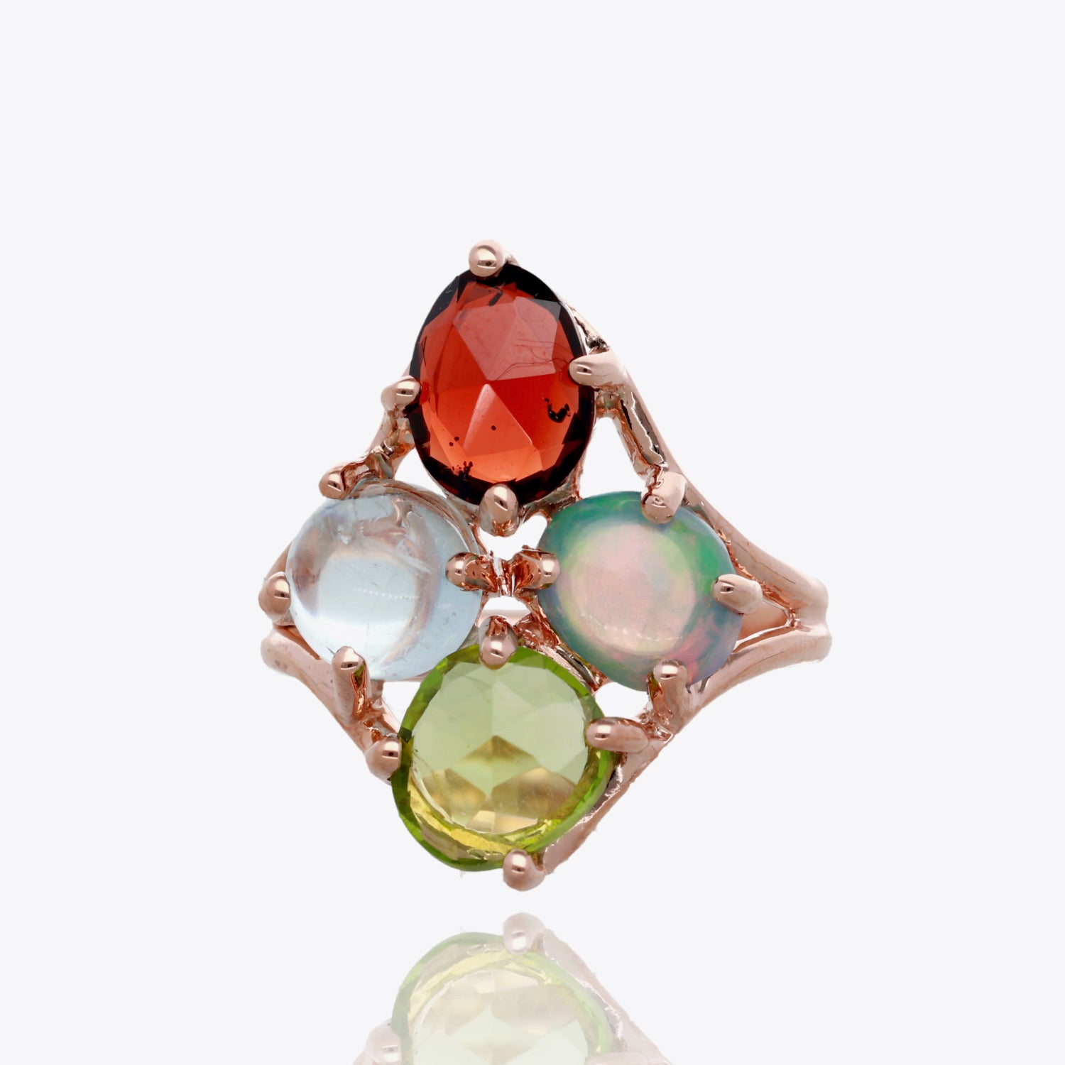 Aurora Garden One of a Kind 14K Rose Gold Multi Gemstone Ring with Garnet, Peridot, Opal and Aquamarine