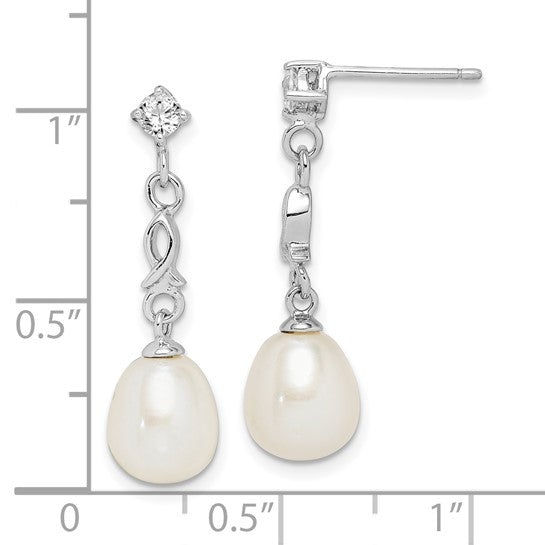 Sterling Silver 8mm White Freshwater  Pearl CZ Dangle Earrings