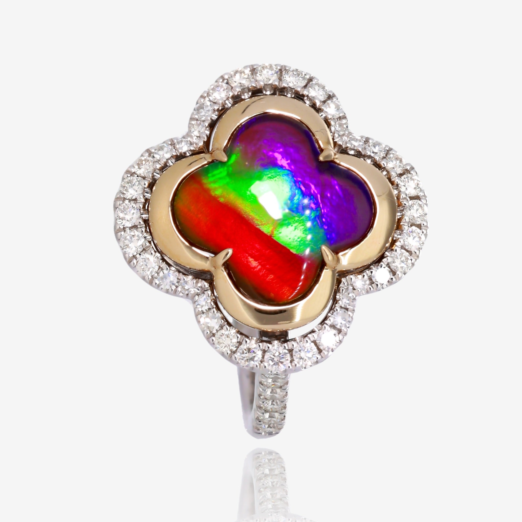 Two Tone Gold Iridescent Clover Amolite Diamond Ring