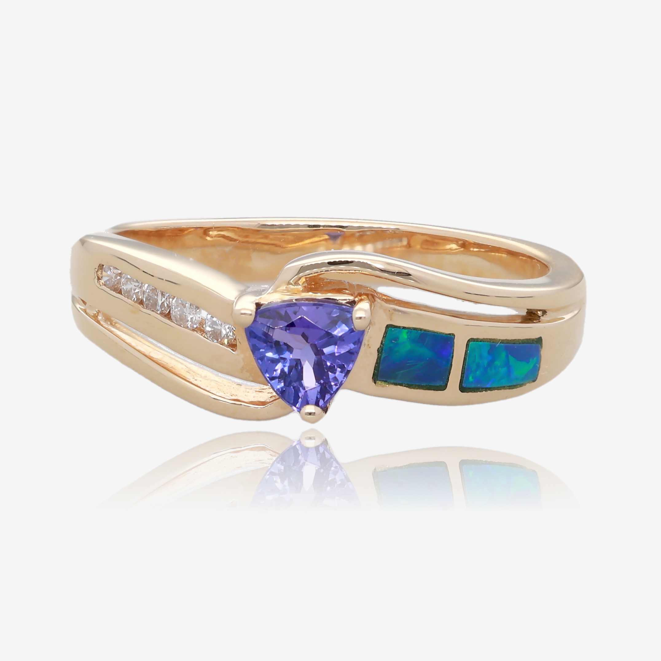 Trillion Tanzanite and Opal Inlay Diamond Bypass Ring in 14K Yellow Gold