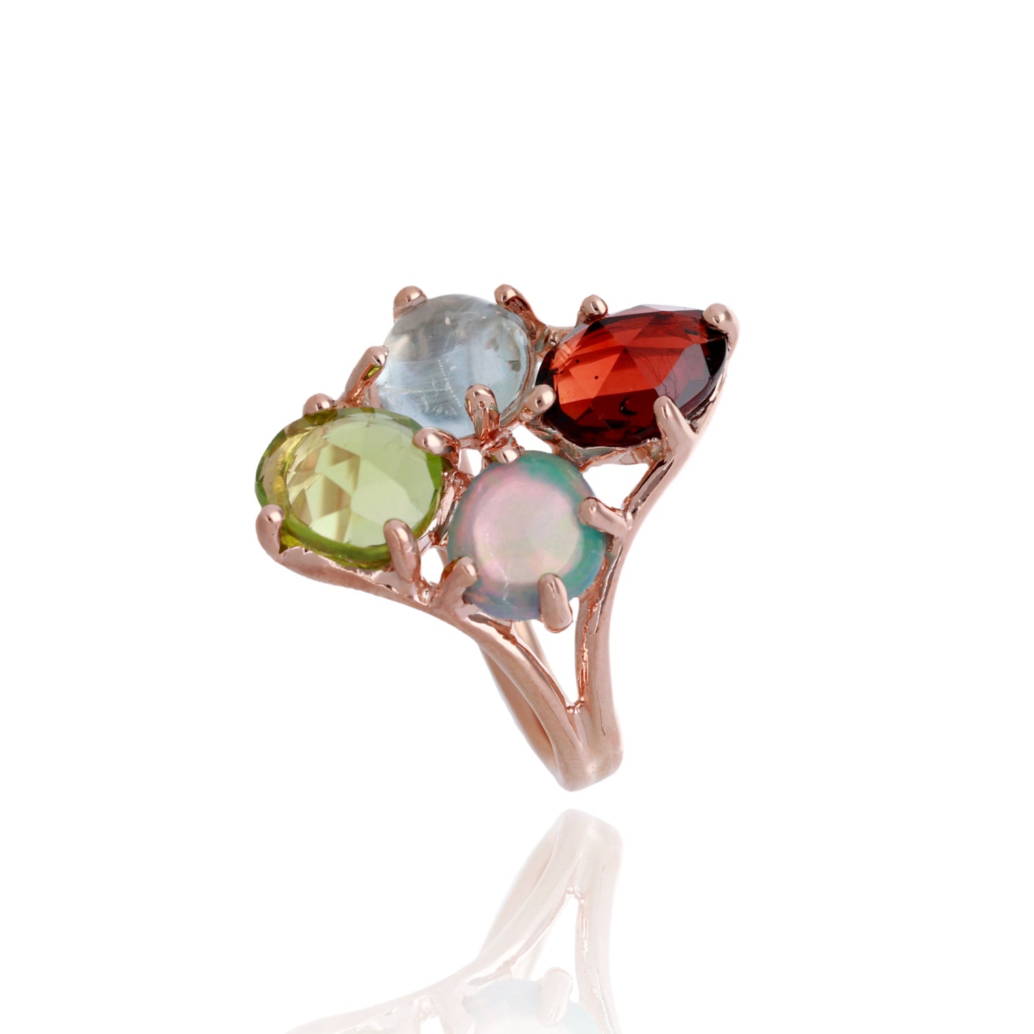 Aurora Garden One of a Kind 14K Rose Gold Multi Gemstone Ring with Garnet, Peridot, Opal and Aquamarine