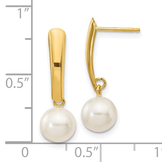 10K 6-7mm White Round Freshwater Cultured Pearl Post Dangle Earrings