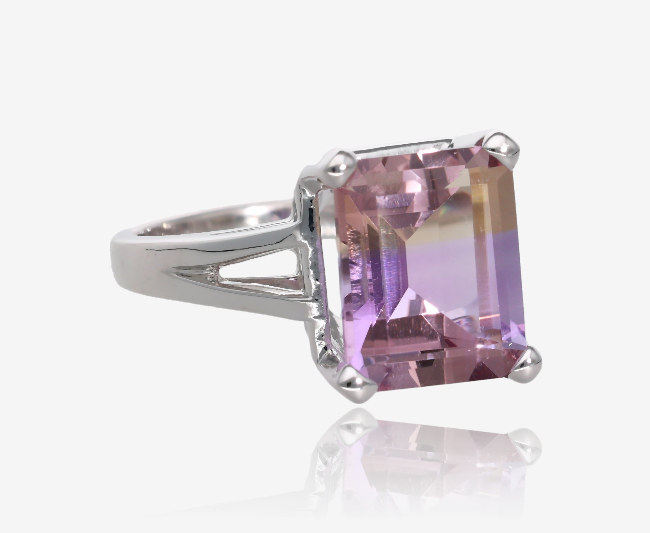 Ametrine Emerald Cut Cathedral Split Ring in Sterling Silver