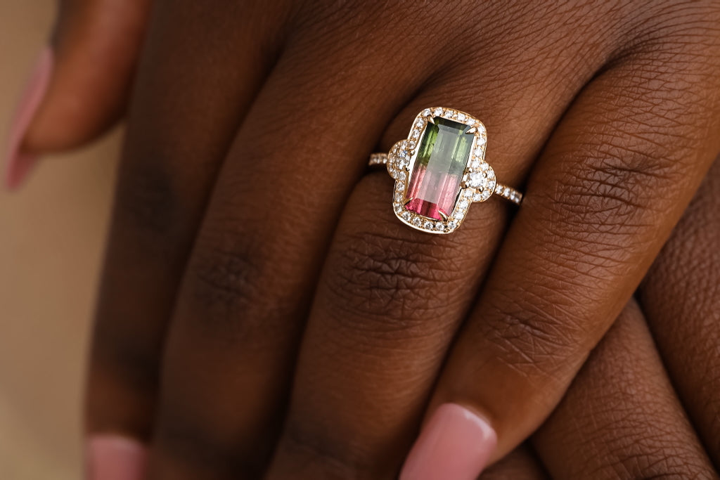 Handcrafted Emerald Cut Watermelon Tourmaline Ring in Yellow Gold with Diamond Accents | A One-of-a-Kind Beauty