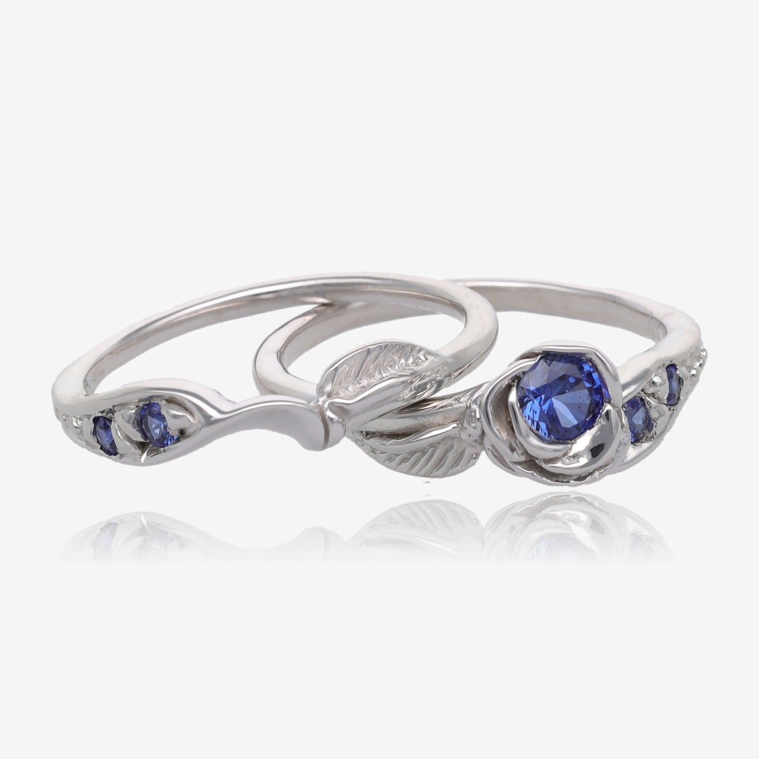 Prize Tea Rose Wedding Set Sterling Silver and Blue Lab Sapphire