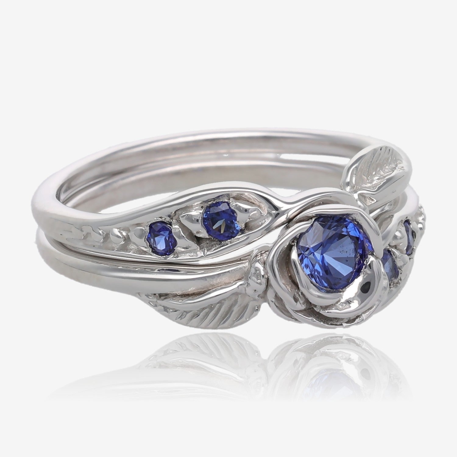 Prize Tea Rose Wedding Set Sterling Silver and Blue Lab Sapphire