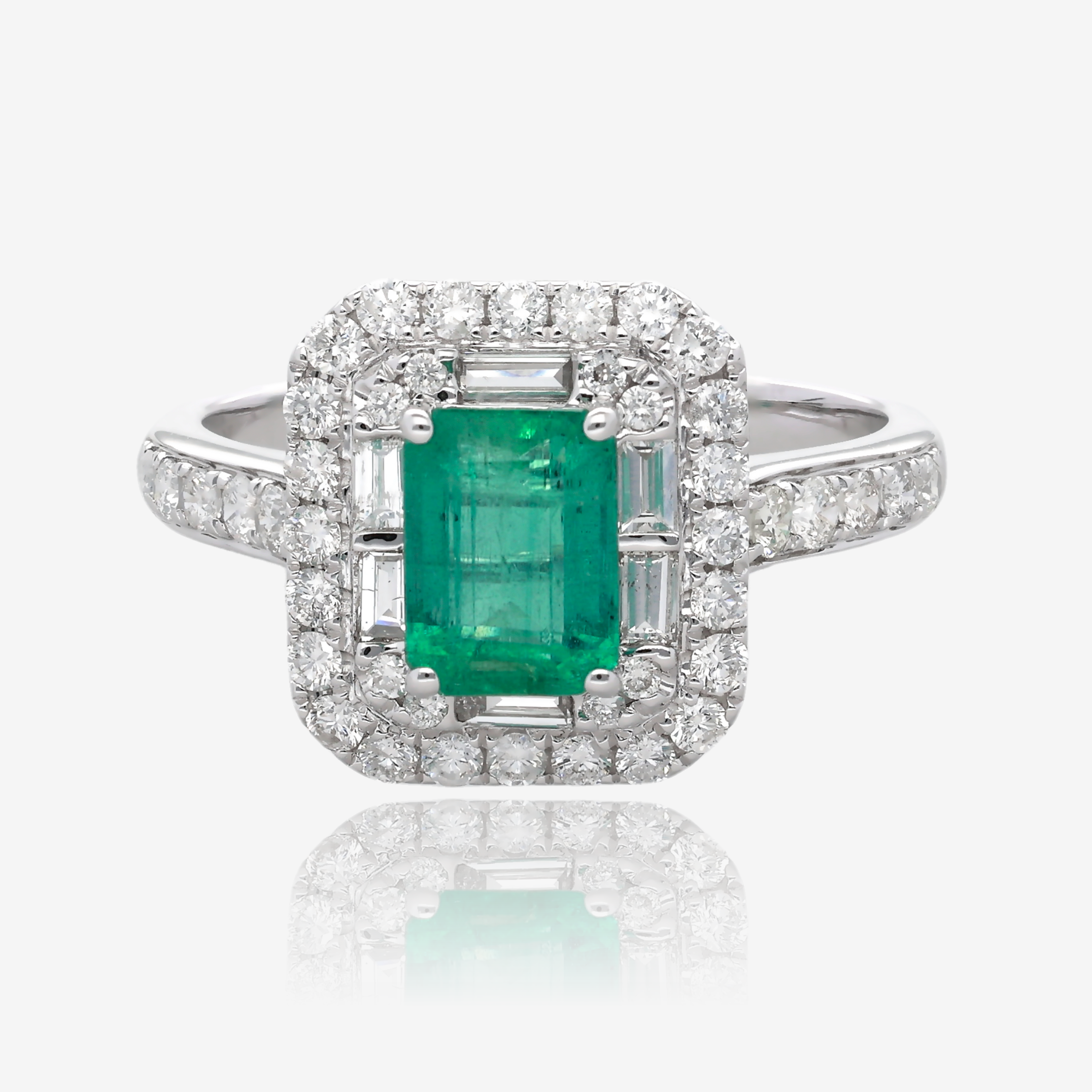 Emerald Cut Emerald and Double Halo Diamond Ring in 14K White Gold