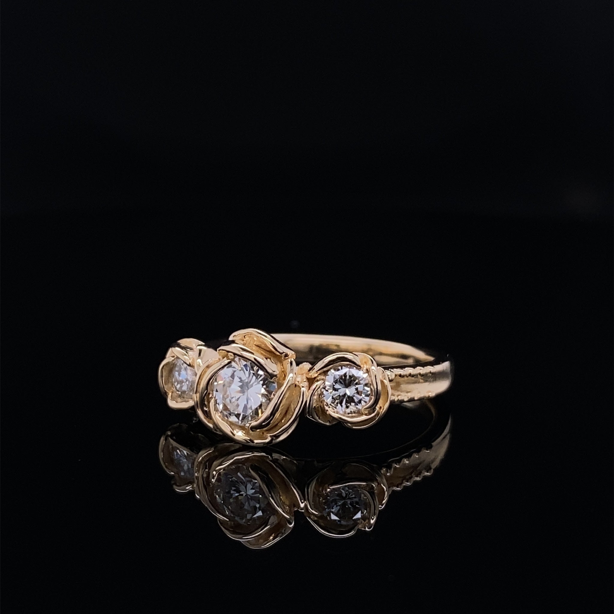 Prized Rose Trio Three Diamond Ring Yellow Gold