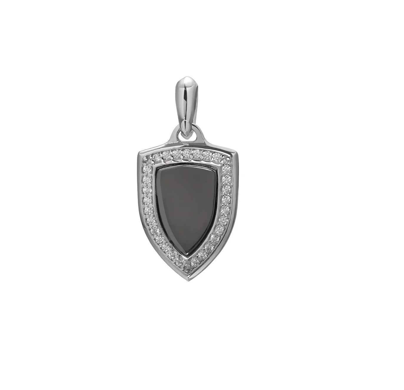 Sterling Silver Shield Pendant W/Black Rhodium Center & Simulated Diamonds